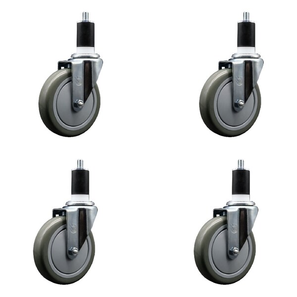 5'' SS Gray Poly Wheel Swivel 1-1/2'' Expanding Stem Caster Set, 4PK